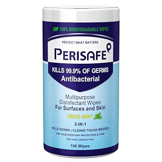 PERISAFE Multipurpose Disinfectant Wipes For Surfaces & Skin-100 Wipes | 100% Biodegradable | Antibacterial | 2-IN-1- Kills Germs & Cleans Tough Messes | Fresh Mint - Amazon product rated Grade A