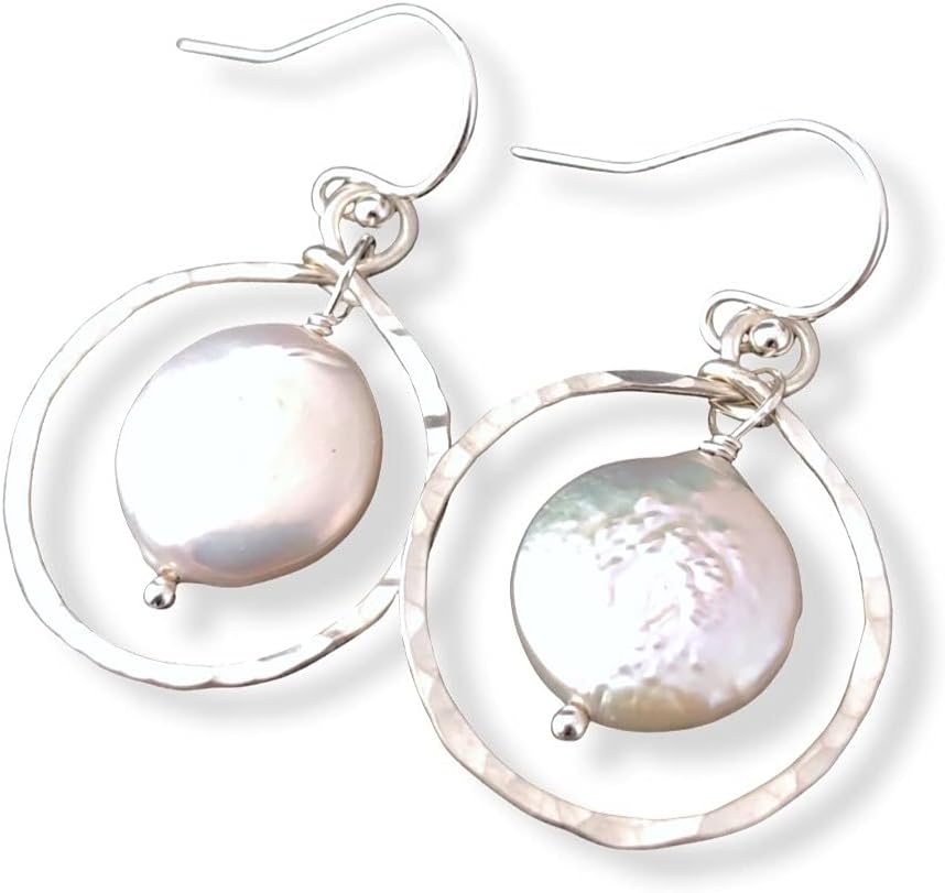 Coin Pearl and Hoop Earrings Hammered Sterling Silver and Cultured Freshwater Pearl