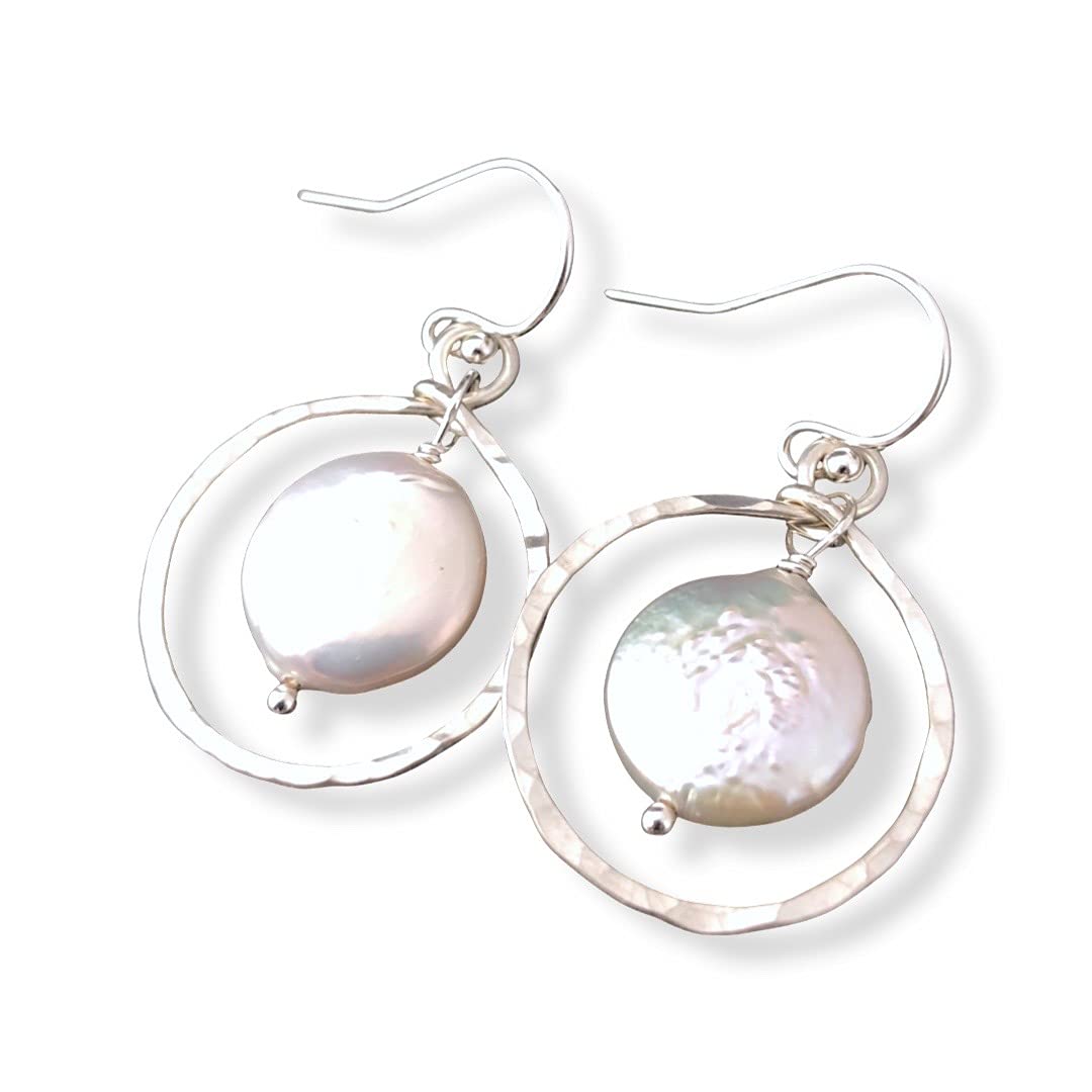 Coin Pearl and Hoop Earrings Hammered Sterling Silver and Cultured Freshwater Pearl