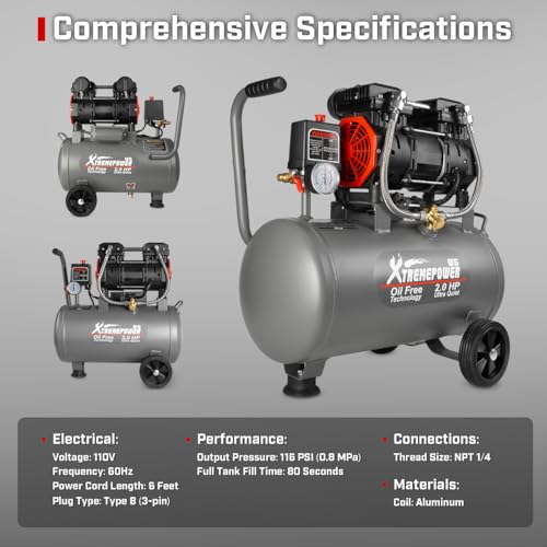 XtremepowerUS 2HP Ultra Quiet Air Compressor Tank Oil-Free Steel 60 dB Tank 7 Gallon, 4.9 CFM at 116 PSI, Ideal For Shop, Garage, Nail Gun, Pneumatic