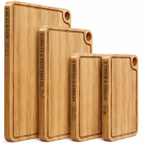 NORVETA 4 PCS Acacia Wood Cutting Board Set with Food Labels