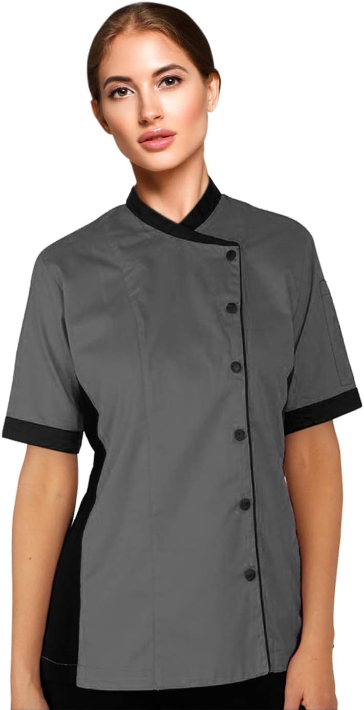 Short Sleeves Women's Ladies Side Mesh Panel Chef Coat By Uniformates (Grey, XL (For Bust 40-41))