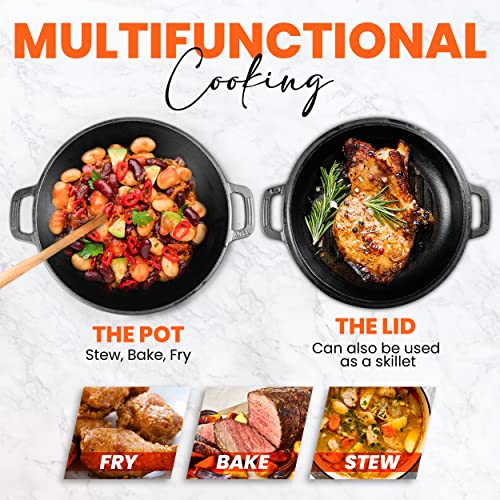 KICHLY 2 in 1 Cast Iron Dutch Oven with Dual Purpose Lid – 4.73 litre Cast Iron Pot with 27 cm Griddle Pan – Pre-seasoned Casserole Dish with Lid, Black - Image 5
