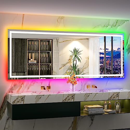 Image of 96x36 Inch RGB LED Bathroom Mirror Front Light and RGB Backlit Lighted Vanity Mirror for Bathroom Wall Mounted Dimmable Anti Fog Memory Shatter-Proof IP54 Waterproof Horizontal /Vertical