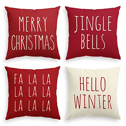Avoin Christmas Saying Throw Pillow Cover, 18 X 18 Inch Merry Christmas Jingle Bells Hello Winter Fa La La Holiday Cushion Case Decoration For Sofa Couch Set Of 4 #TOP29