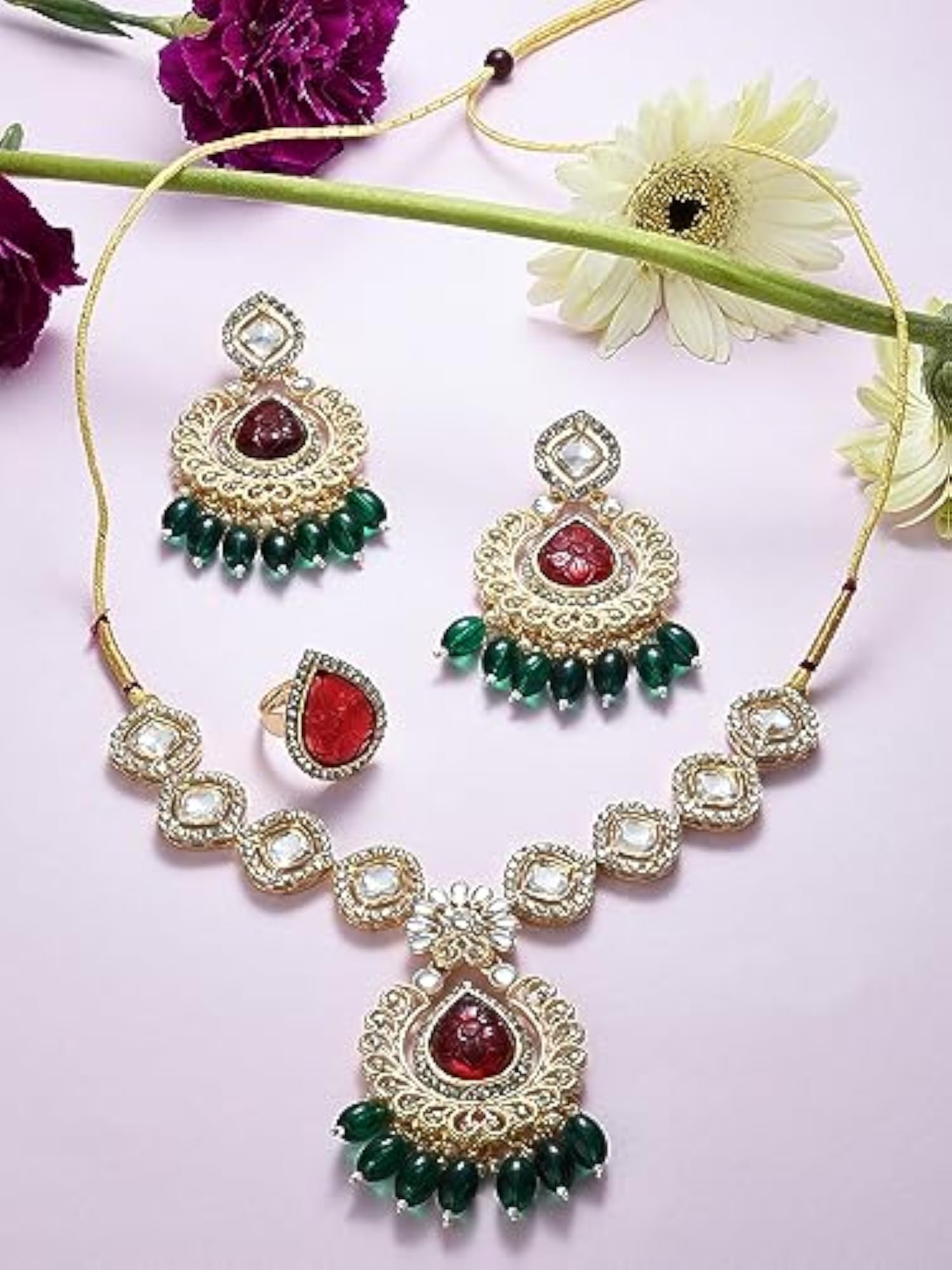 Women's Green & Colour Austrian Diamonds Beads Ethnic Necklace Earring & Ring Set