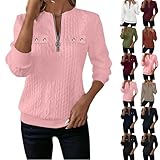 Rjognt Women's Quilted Sweatshirts Zipper Neck Long Sleeve Textured Solid Casual Loose Fashion Fall Pullover Tops Pink