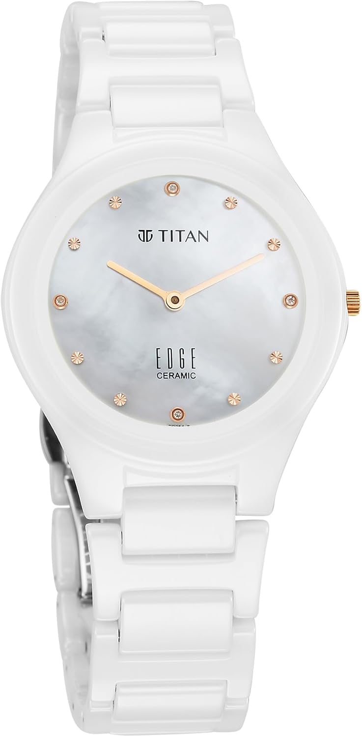 Edge Titan Ceramic Dress with Diamonds Quartz Analog Ceramic Strap Watch for Women, White, Modern