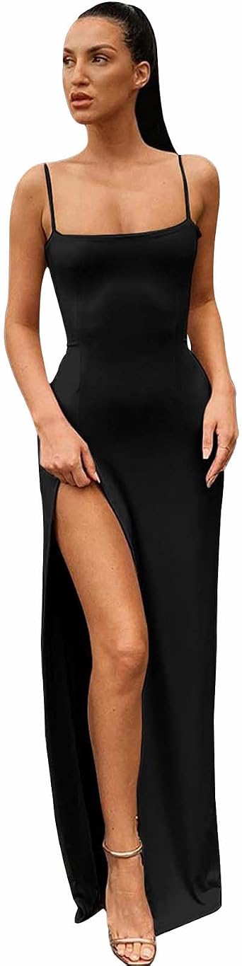 Womens Dresses Spaghetti Strap Strap Backless Thigh-high Slit Long Dresses Sleeveless Sexy Bodycon Maxi Long Dress Club Party Dress
