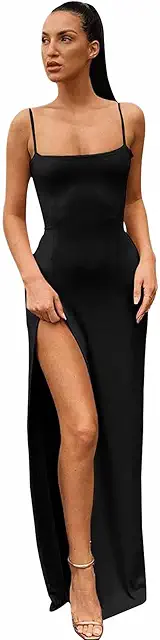 Long Black Satin Dress: Spaghetti Strap Backless Maxi with Thigh-High Slit