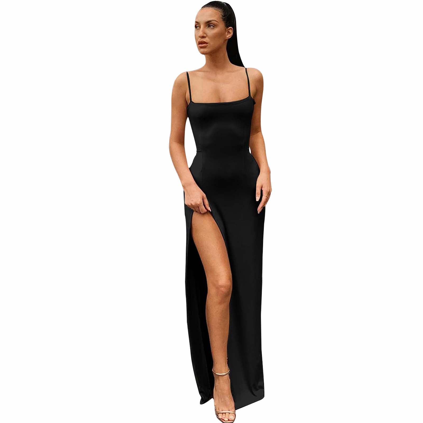 Gkaopi Vestido de Largo para Mujer Sin Mangas Sexy Sólido Correa de Espagueti Elastico Bodycon Vintage para Verano Vacaciones Casual Vestido