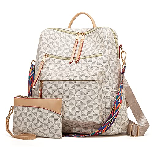 Backpacks for Women Fashion Leather Bags Satchel Bags Anti-theft Rucksack Ladies Travel Bags Handbags and Purses Bags 2Pcs (Beige-k)