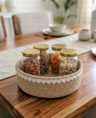 Image of Designer Jute Rope Storage Basket Set of 3| Fruit Basket | Shelve Storage | Hamper Basket |Organiser For Cosmetic /Jewellery With Lace Trim (Beige, Set Of 3, S,M,L)