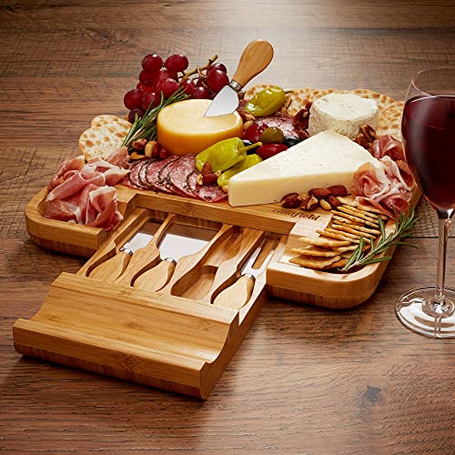 Casafield Organic Bamboo Cheese Cutting Board & Knife Gift Set - Wooden Serving Tray For Charcuterie Meat Platter, Fruit & Crackers - Slide Out Drawer With 4 Stainless Steel Knives #TOP5