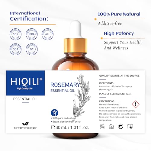 Image of HIQILI Rosemary Essential Oil for Hair Care, Skin Care & Aromatherapy | Add to Diffuser for a Refreshing Atmosphere, Blend Into DIY Candles and Sprays for an Uplifting Scent -30mL / 1.01 fl oz
