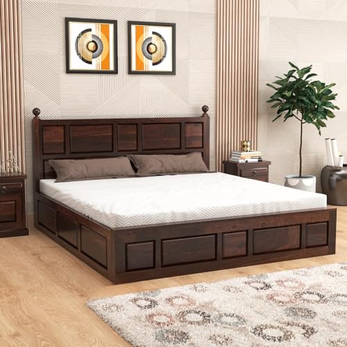 Image of Sheesham Wood Queen Size Bed with Storage Box | Wooden Box Bed Queen Size Double Cot Bed with Storage for Bedroom | Premium Lattu Design Headboard Bed for Living Room | Walnut Finish
