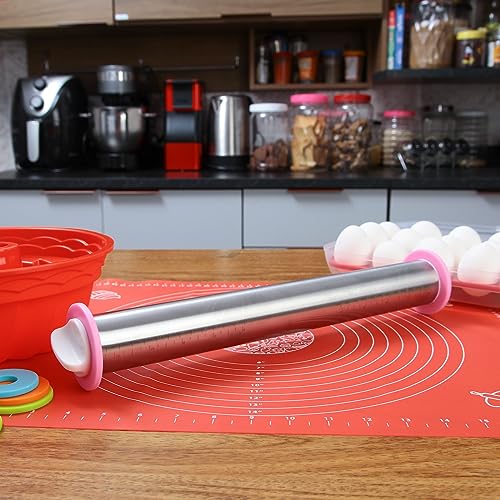 Kit Rolo de Massa Ajustavel Profissional e Tapete de silicone 40x50cm Torta Pizza Biscoito Rocambole