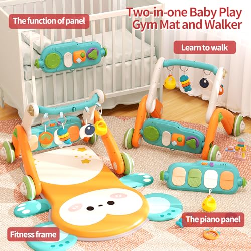 Jovow 2 in 1 Baby Gym with Walker,Baby Play Mat with 5 Infant Learning Sensory,Double-Sided Multifunctional Removable Play Piano Panel,Sit-to-Stand Learning Walker for 0-24 Months Boy Girl [Orange] - Thumbnail 4