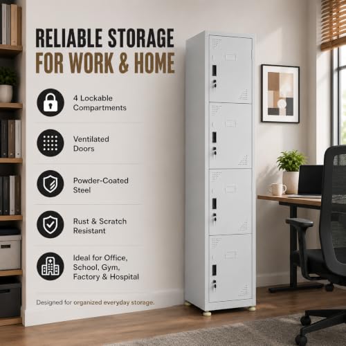 Image of Amazon Brand - Solimo 4 Door Steel Locker | Secure Metal Storage for Equipment, Uniforms, Documents & Personal Items | Multi-Purpose Vertical Cabinet for Gym, School, Office Powder Coated Light Grey