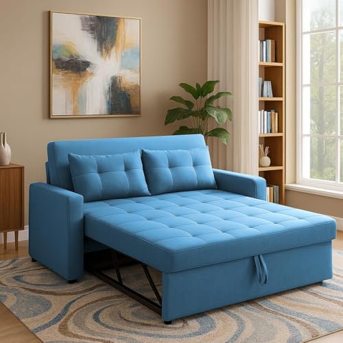 Image of Casaliving Treshta Pull-Out Premium Fabric Sofa Cum Bed 2 Seater Sofa Set for Living Room (Turquoise)