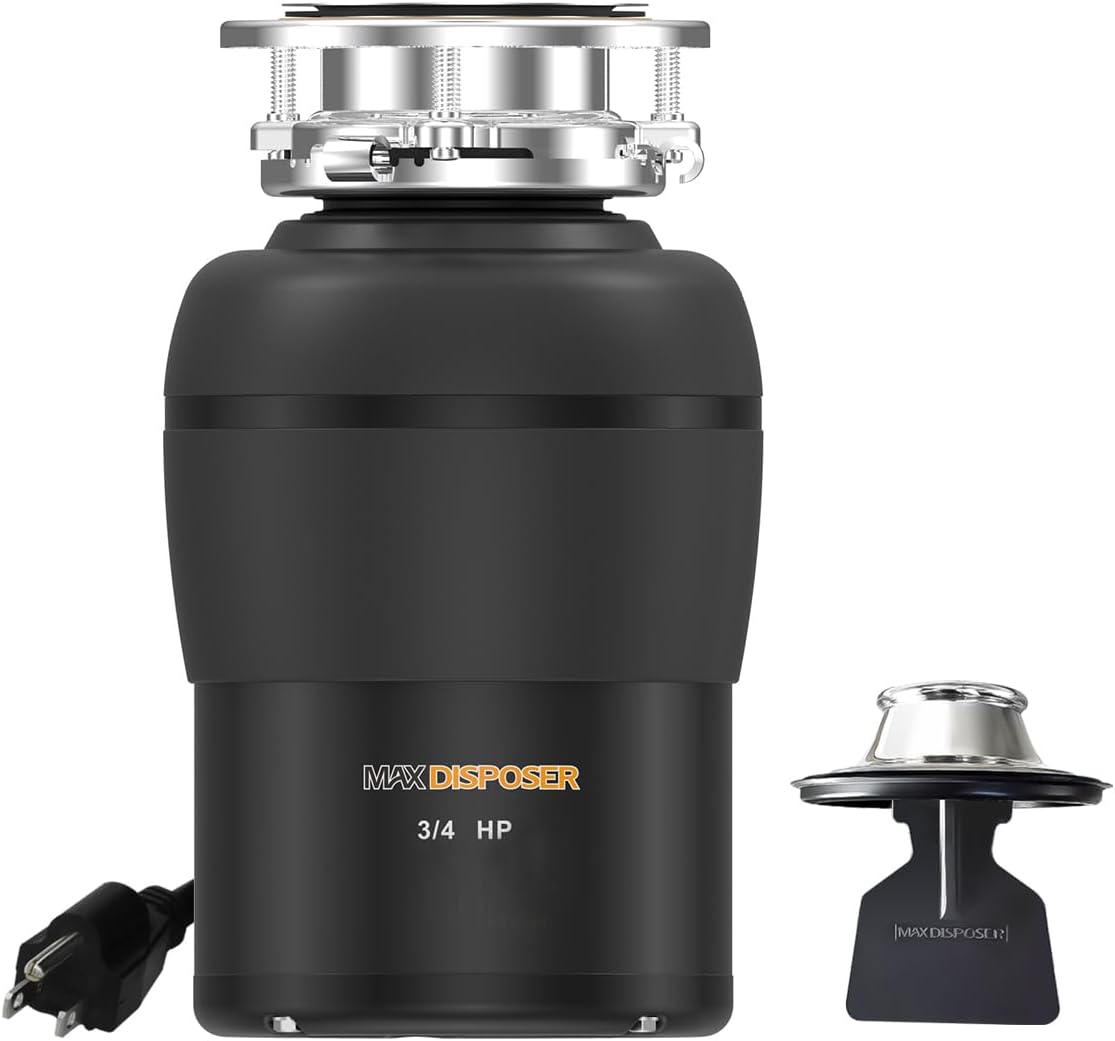 Eliminación de basura 3/4 HP para fregadero de cocina Silencioso con tapón Cable de alimentación, fácil instalación, alimentación continua Eliminador de residuos de alimentos Molienda de acero inoxidable Unidad de motor de CA de 0,75 caballos de fuerza (MAX-4)