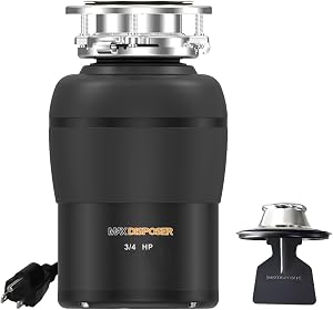 Garbage Disposal 3/4 HP for Kitchen Sink Quiet with Stopper Power Cord, Easy Install, Continuous Feed Food Waste Disposer Stainless Steel Grind 0.75 Horsepower AC Motor Unit (MAX-4)