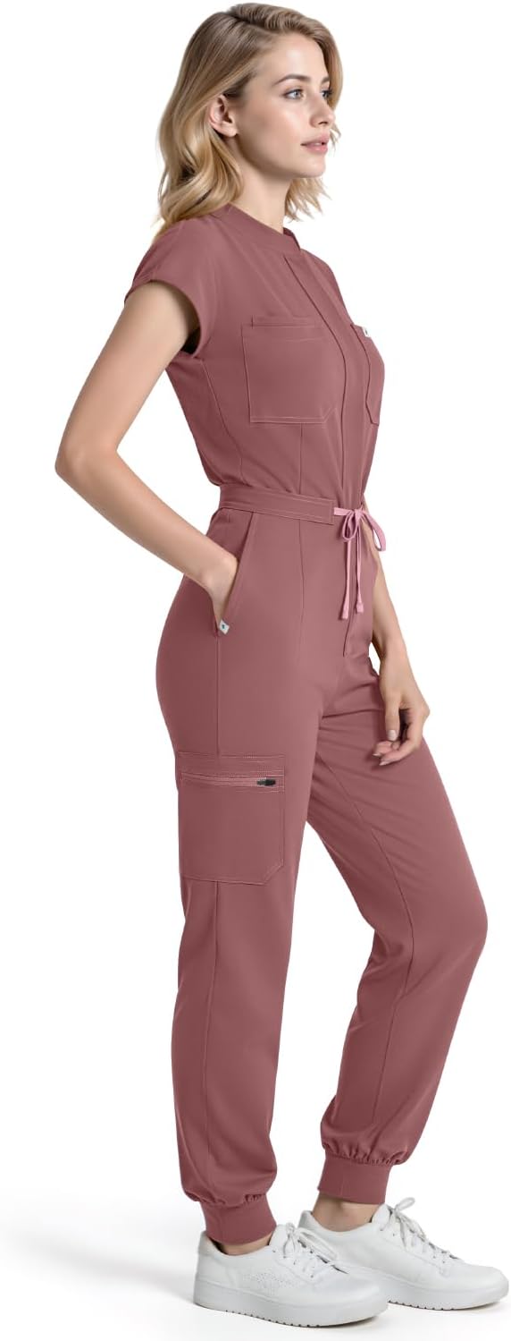 Scrub Jumpsuit for Women - Stand-Up Collar One Piece Scrubs, 7 Pockets Comfortable Scrubs Set for Nurses & Doctors