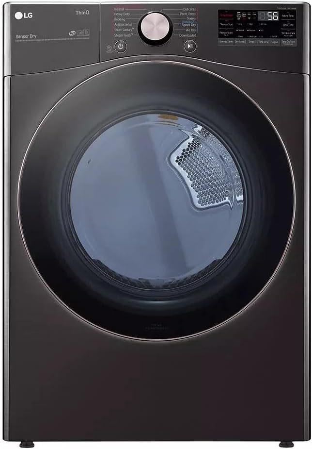 Close-up of the LG DLEX4000B dryer's control panel, showing the cycle selector knob, LED display, and various cycle options and settings.