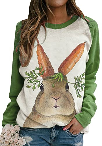 Image of Women's Easter Basic Sweatshirt Crew Neck Long Sleeve Sweatshirt Casual Loose Sweatshirt with Rabbit Print