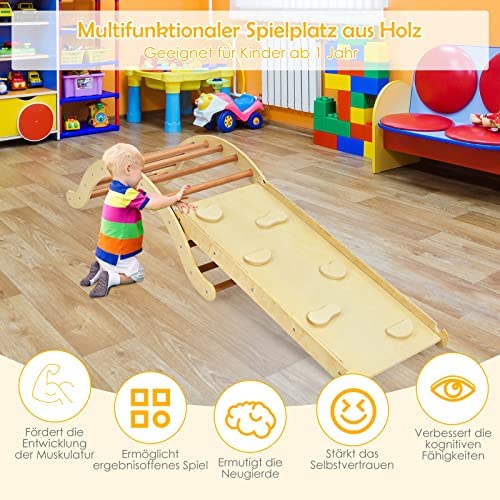 Foto von COSTWAY Kletterbogen mit Rutsche, Kletterdreieck Holz, 3 in 1 Klettergerüste Indoor zum Rutschen, Klettern und Wippen, inkl. umkehrbare Rampe, für Kinder ab 1 Jahre (Natur)