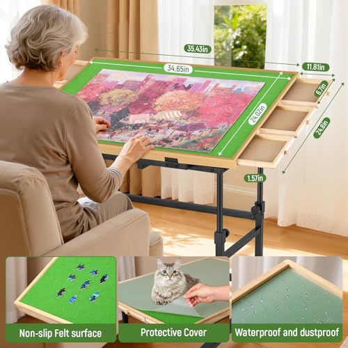 Tranqio 1500 Piece Jigsaw Puzzle Table with Metal Lazy Susan, Rotating Adjustable Height Puzzle Desk with Legs for Adults, 4-Tilting-Angle Portable Wooden Game Board with 6 Drawers & Cover by Tranqio - Image 7