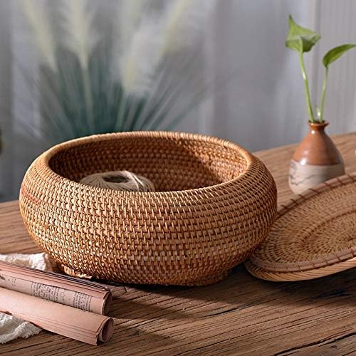 Ronde rotan dozen met deksel handgeweven multifunctionele rieten lade 11 inch picknick voedsel brood tafel opbergmand (22x13cm Ronde rotan dozen met deksel handgeweven multifunctionele rieten lade 11 inch picknick voedsel brood tafel opbergmand (22x13cm