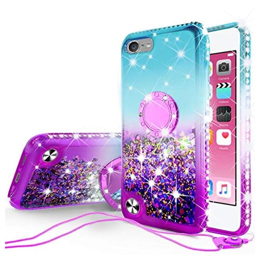 Galaxy Wireless New iPod Touch Case,iPod Touch 5th/6th/7th Generation Case Liquid Glitter Quicksand Bling Sparkle Diamond Ring Stand Cases Compatible for Apple iPod Touch 5/6/7,Teal/Purple