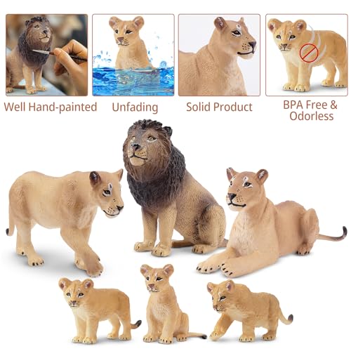 TOYMANY 6 Stück Löwe Tiere-Figuren mit Löwenbabys,Realistische Löwen Spielzeug Plastiktiere Zoo Wald Tierfiguren Dschungeltierfiguren, Lernspielzeug-Kuchenaufsatz, zum Spielen oder als Deko für Kinder