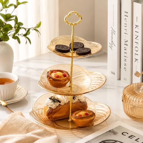 Image of Jamboree 3 Layers Golden Plated Plastic Cupcake Stand Dessert Plate Mini Cake Fruit Candy Display Tower Reusable Layered Set (Flower Cake Stand)