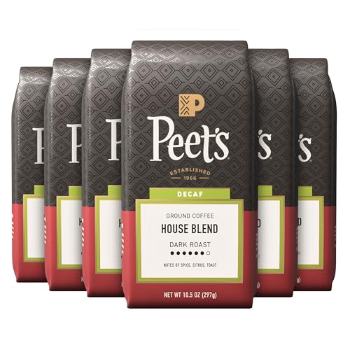 Peet's Coffee, Dark Roast Ground Coffee - Decaf House Blend 63 Ounces (6 Bags of 10.5 Ounces)