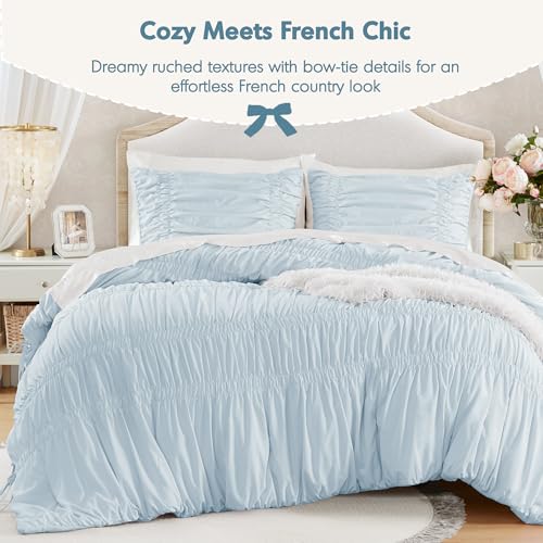 Image of Intelligent Design Ruched Shabby Chic Blue King Comforter Set, 3pc | Girls Bedding Set, French Country, All Season Down Alternative, Cozy, Machine Washable, Lightweight, Breathable
