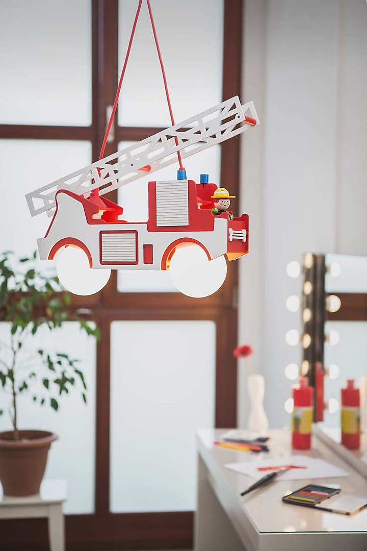 Elobra Lampa sufitowa straż pożarna ze strażakiem, lampa wisząca, lampa dla dzieci, lampa do pokoju dziecięcego, z oprawką E27, czerwona