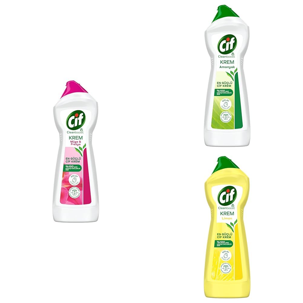 Cif Krem Frezya ve Müge Çiçeği 750 ml x1 + Cif Krem Amonyak 750 ml x1 + Cif Krem Limon 750 ml x1
