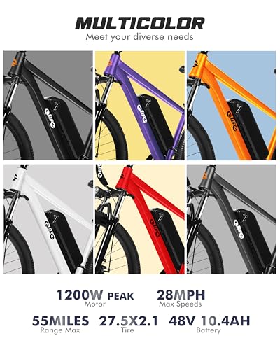 Image of Qlife Racer Electric Bike for Adults - 21-Speed Mountain Ebike with Peak 1200W 28MPH Brushless Motor, 48V10.4Ah Removable Battery, 27.5X2.1 Tire Step Over E-MTB, Up to 50 Miles(PAS1), E Bikes