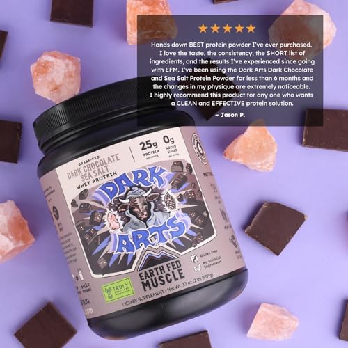 Image of Earth Fed Muscle Dark Arts Irish Grass Fed Whey Protein Isolate, Third-Party Certified. 25g Protein, Salted Dark Chocolate - Non-GMO, Hormone Free, Soy Free, Gluten Free - 2 LB, 26 Servings