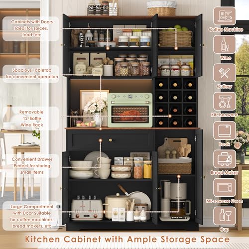 FirFurd Kitchen Cupboard Tall Kitchen Cabinets with LED, Power Outlet, Sideboard Storage Cabinet with Wine Rack for 12 Bottles, Countertop and Drawer Dining Room Furniture180x100x39cm Black - Image 3