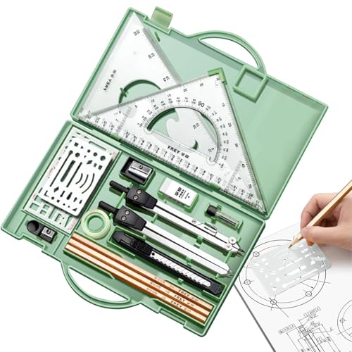 Wusideday Ensemble de géométrie pour les étudiants, ensemble de boussole - 16x kit de géométrie mathématique,Outils de dessin avec boîte de rangement, rédaction des fournitures pour les ingénieurs