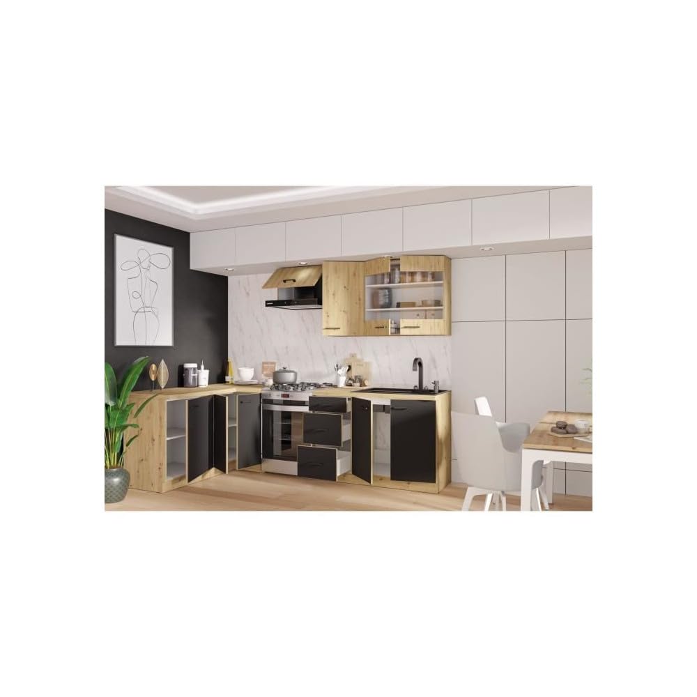Cuisine complete - MODENA - 270 x 150 cm - Chene artisan et noir mat