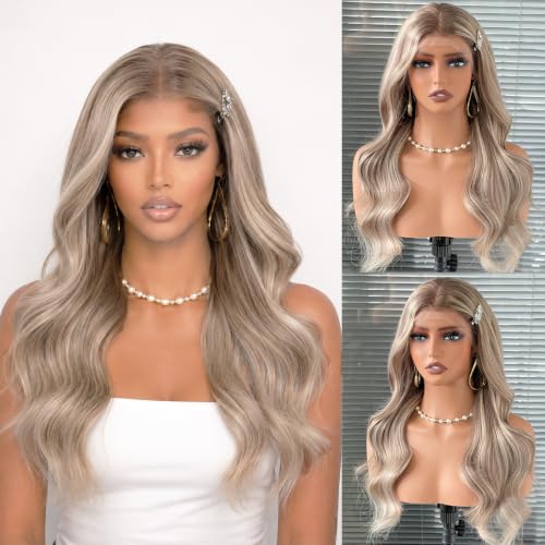 Image of Ash Blonde Highlight Wave Glueless Lace Front Wig 13x4 24in 220% | 100% Remy Human Hair, UHD Transparent Lace, Salon Dyed Highlight Color, Glueless Adjustable Cap, Daily Party Club