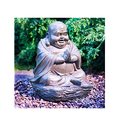 MASON&JONES SOLAR POWER STONE BRONZE EFFECT LAUGHING BUDDHA GARDEN SCULPTURE STATUE FIGURINE ORNAMENT (STONE EFFECT)