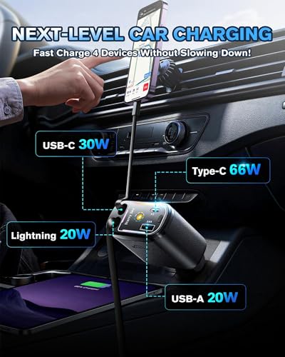 Chargeur automobile USB C rapide 66W WHATOOK avec câble rétractable et LED - 4