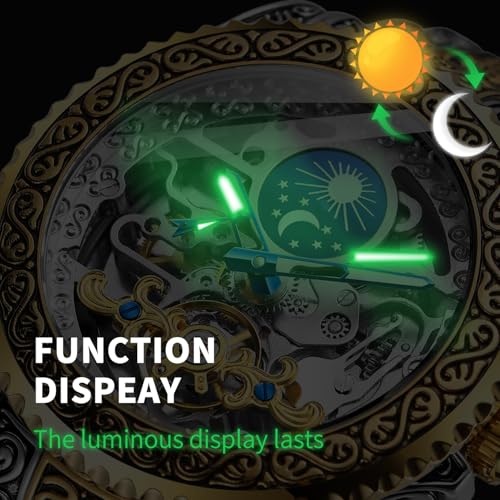 Image of Gute Men's Watch Retro Mechanical Skeleton Watch with Carved Automatic Tourbillon, Moon Phase, Independent Seconds, and Big Dial Design - Self-Wind Automatic Wrist Watches