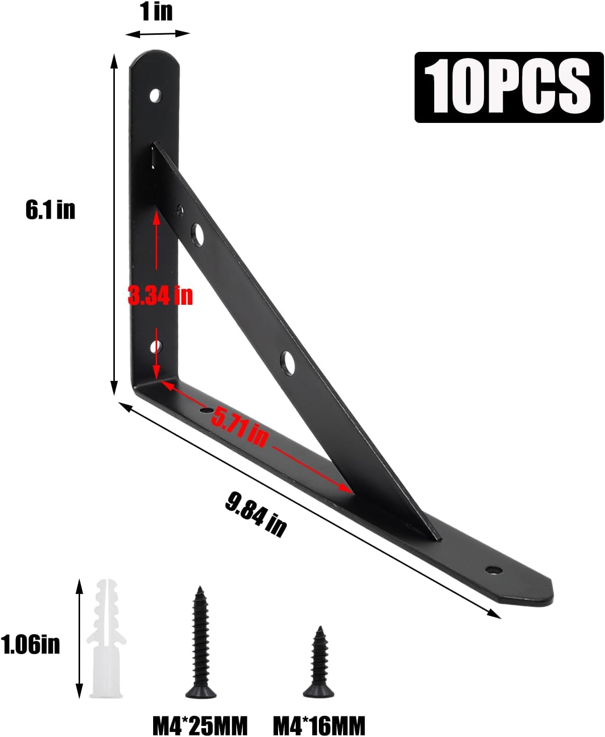 10 Inch Heavy Duty Shelves Brackets (10 Pcs Black) - Floating Shelf Bracket, L Brackets for Shelves & Wood, Wall Mount Shelf Bracket Set for Home & Office