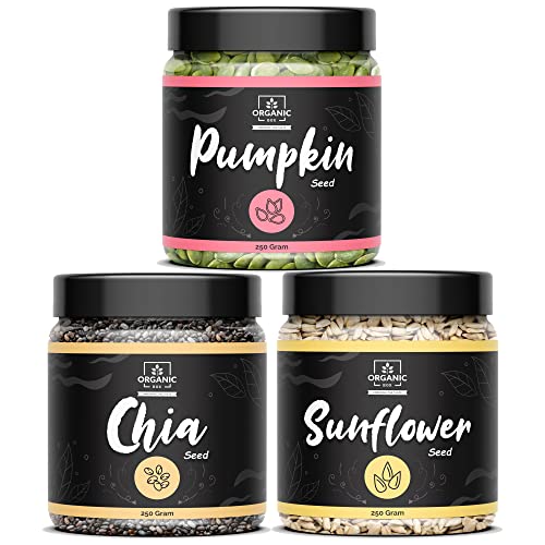 Image of Organic Box Raw Pumpkin, Sunflower, Chia Seed - 250gm each | Raw Edible Seeds Combo | All Premium. [Jar Pack] - Diwali Gift Pack